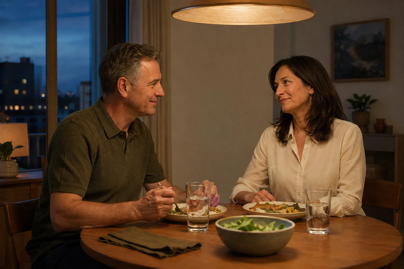 A mature couple share a quiet conversation over dinner at home.