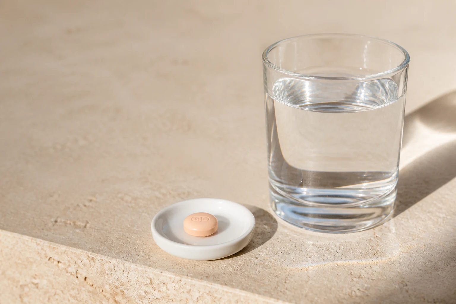 Peach-colored Kamagra Effervescent tablet beside a glass of water