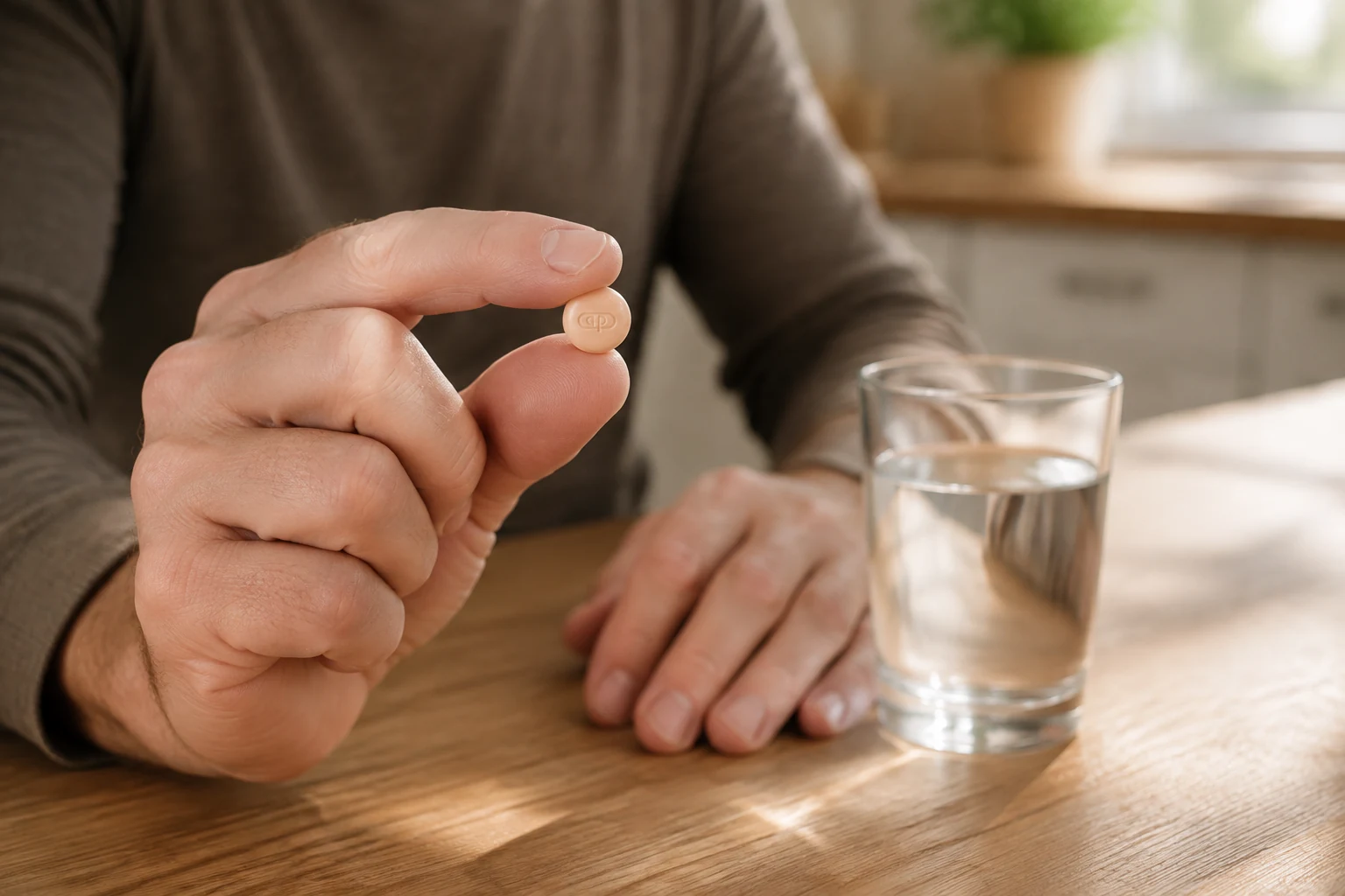 Adult man holding one peach-colored tablet near a glass of water