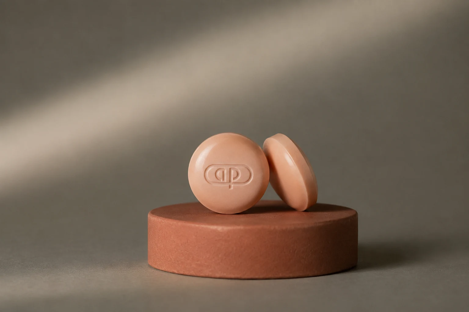 Close view of two peach-colored tablets showing the embossed face and rounded edge