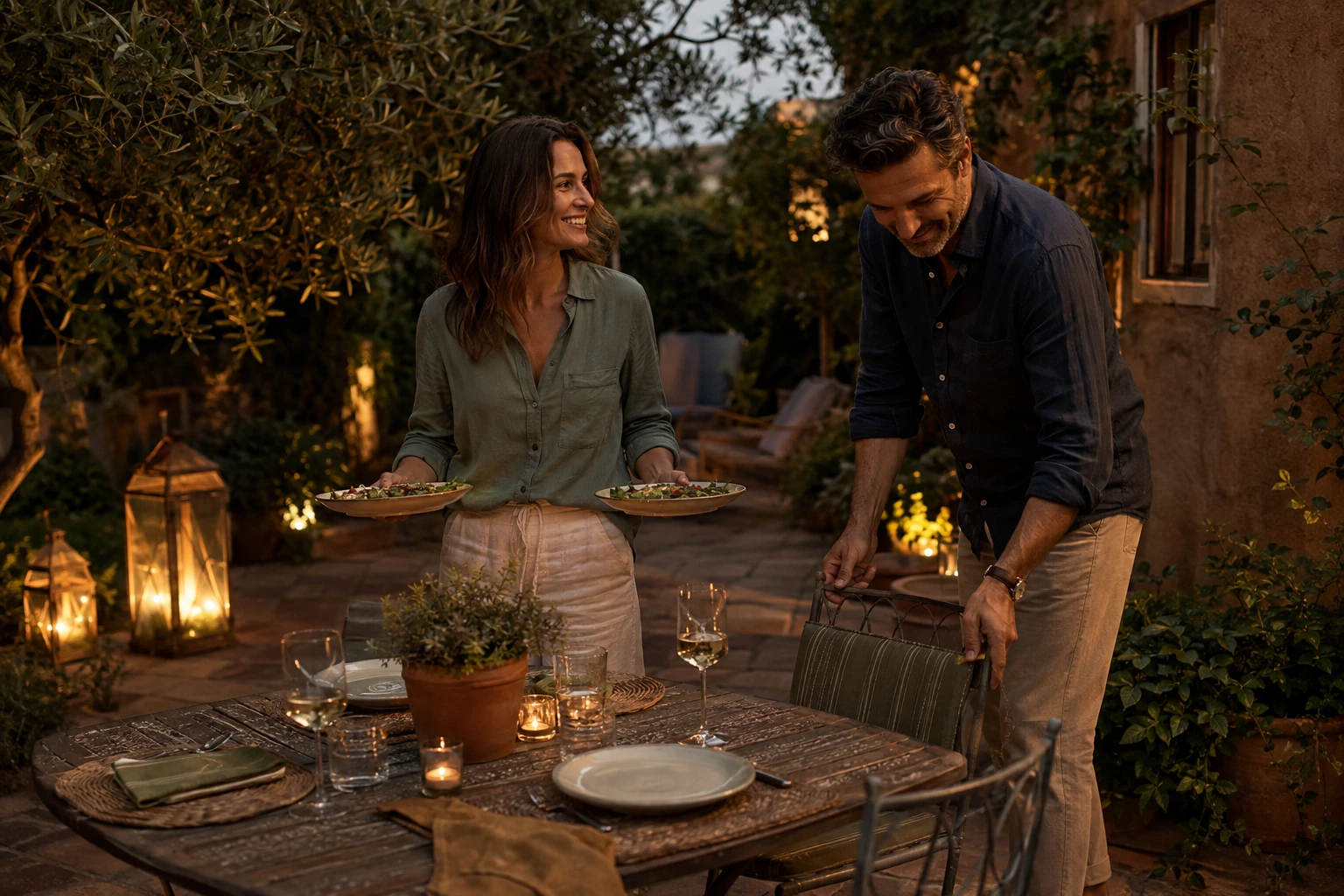 A couple preparing an outdoor dinner together at dusk
