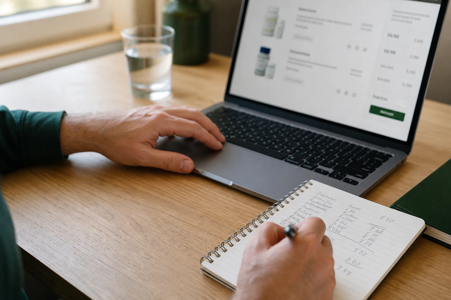 Hands comparing an online medicine order with a notebook
