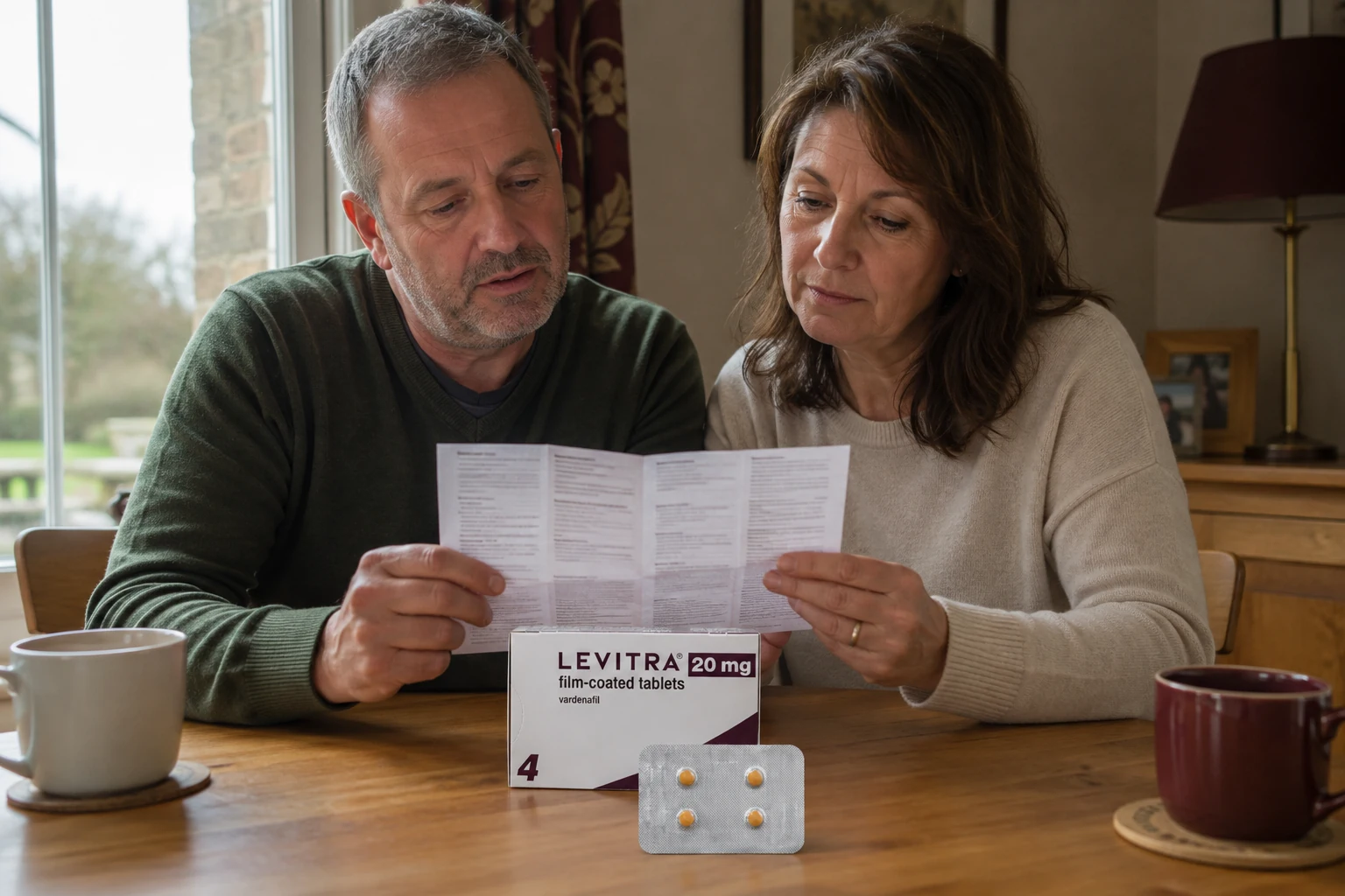 Adult couple reading a medicine leaflet with a Levitra carton and blister on the table