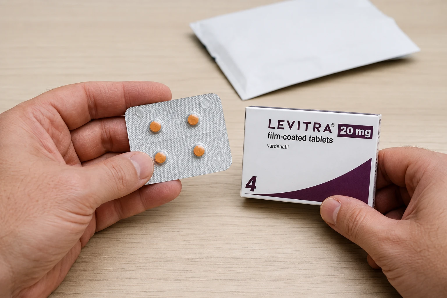Adult hands holding a four-tablet Levitra blister beside its 20 mg carton
