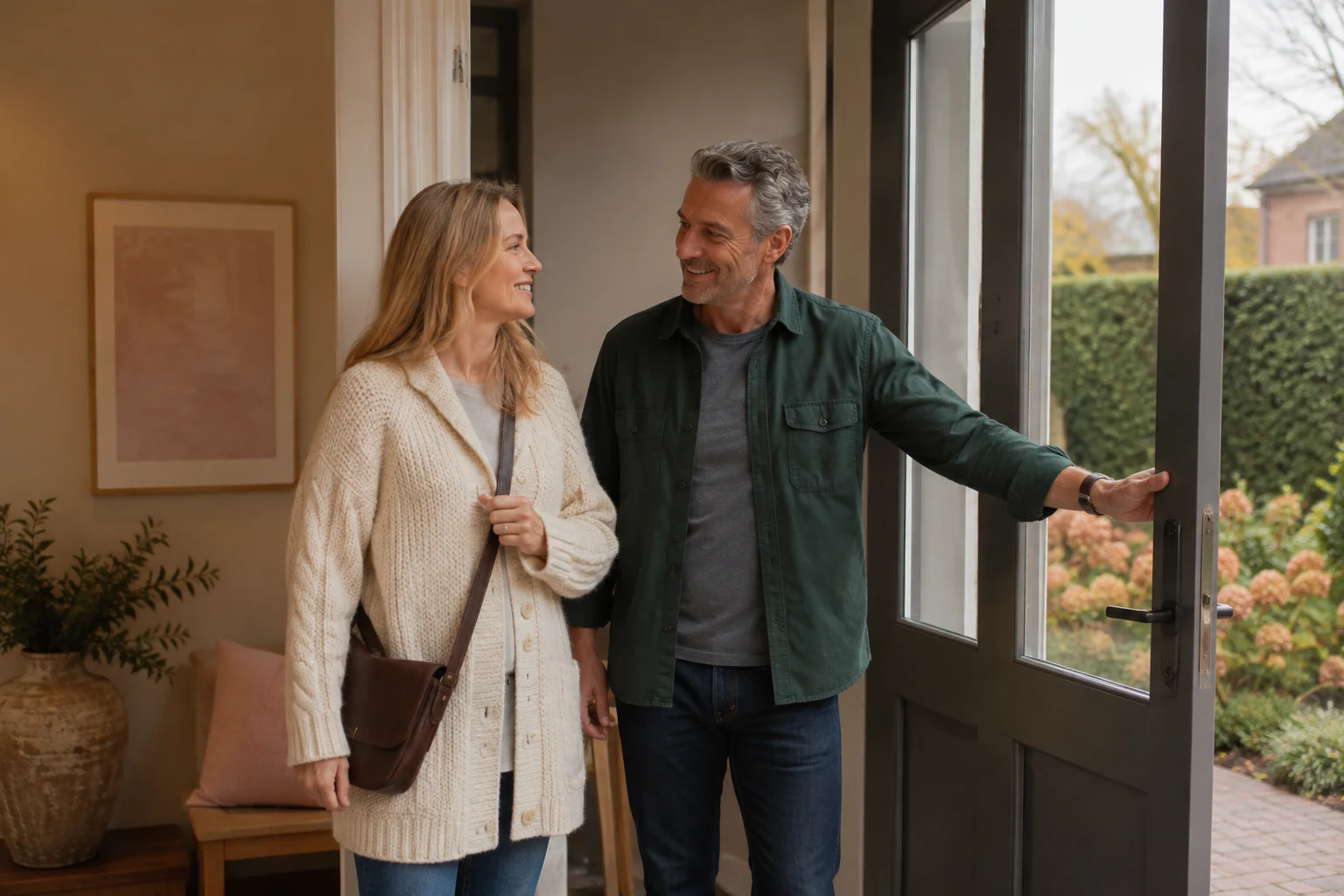 Adult couple preparing to leave home for an evening together