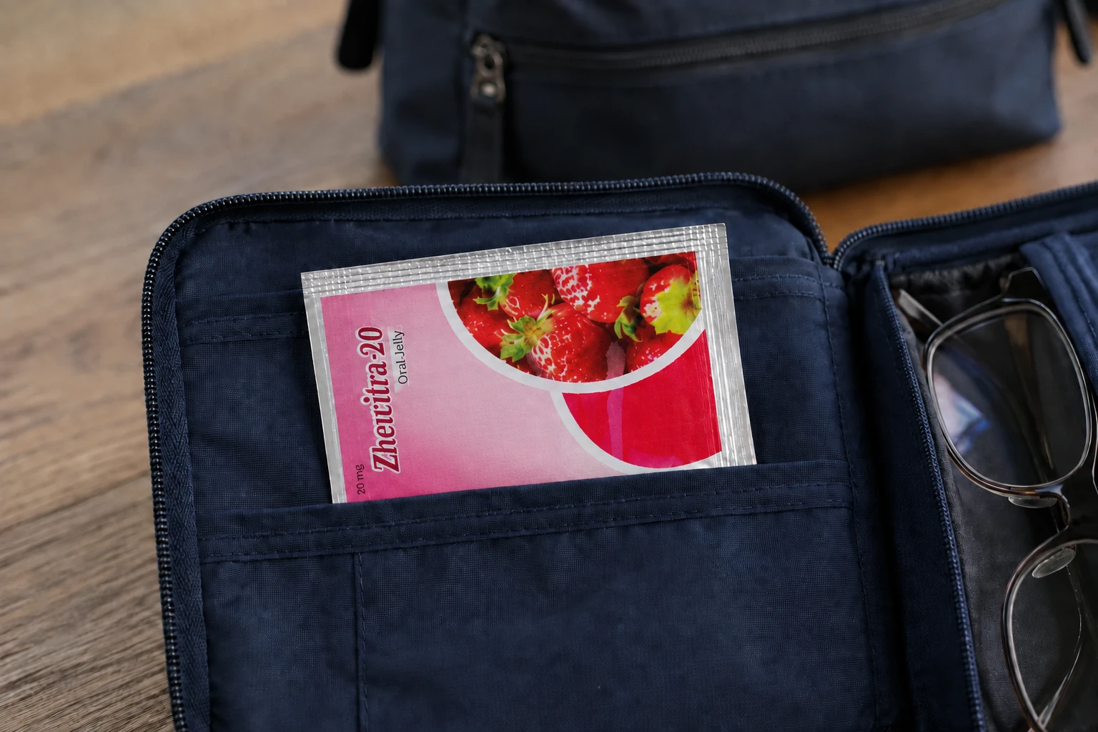 Closed oral-jelly sachet in a fabric organizer beside reading glasses