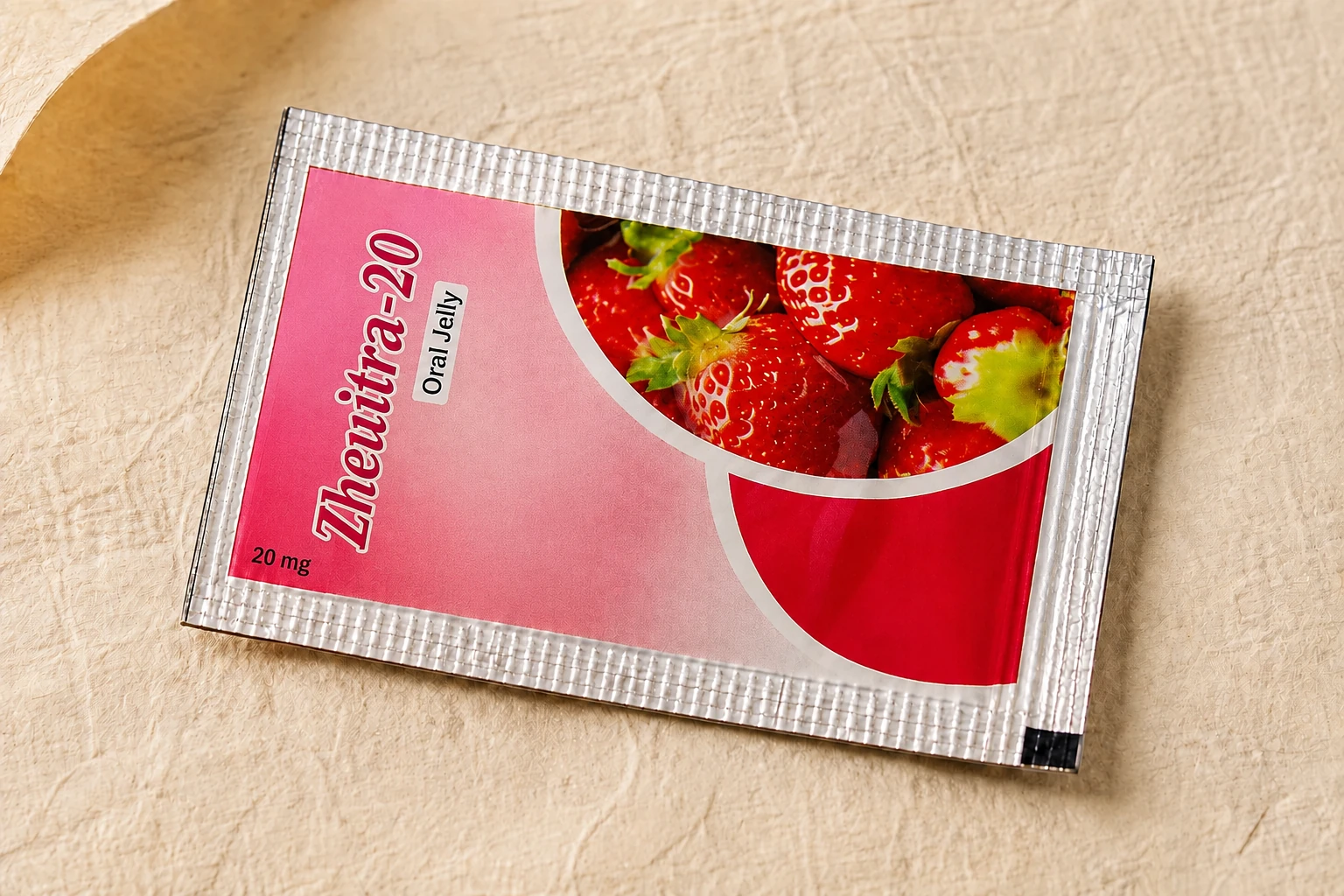 Pink and red vardenafil oral-jelly sachet with silver sealed edges