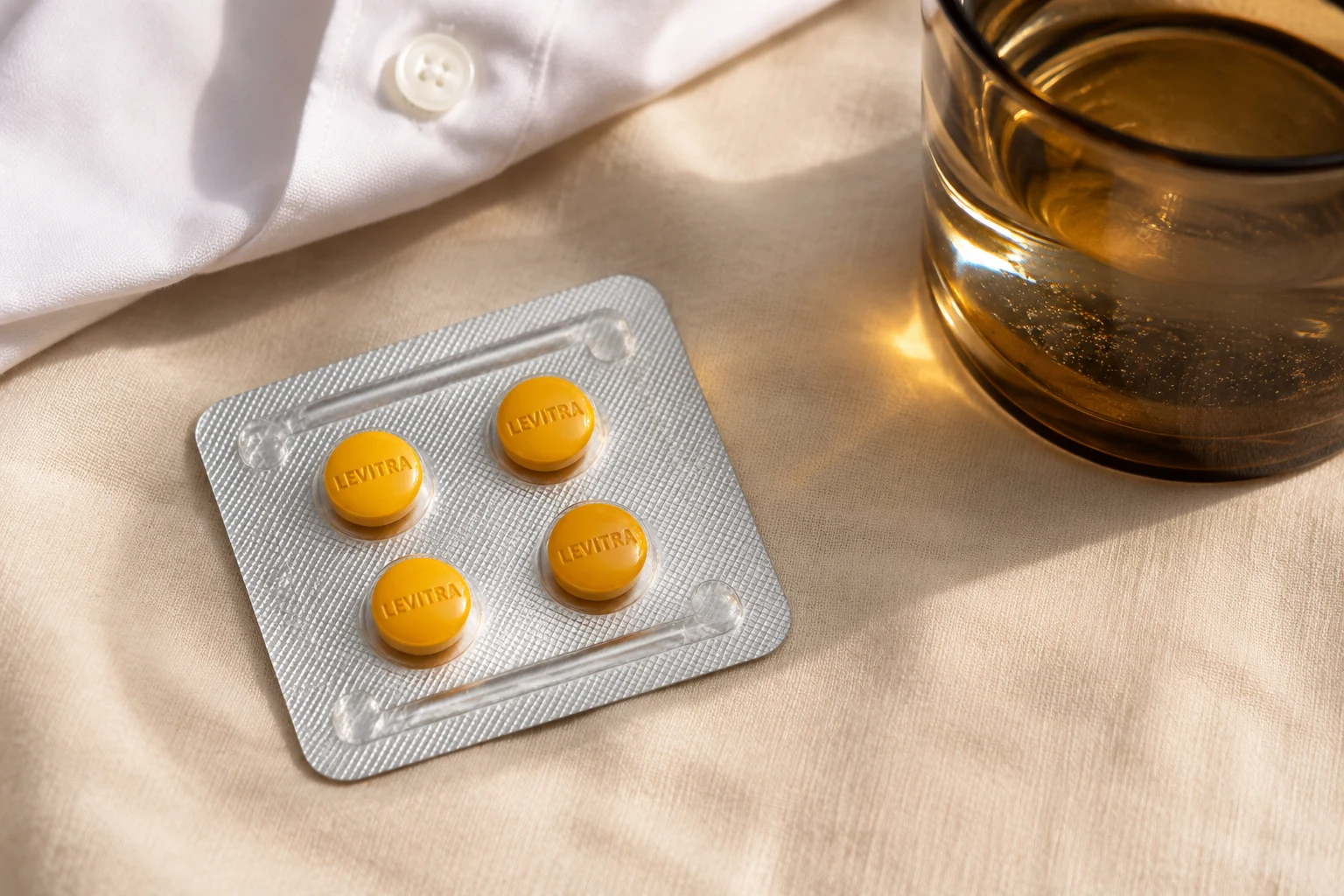 Golden Levitra tablets in a silver blister beside a glass of water