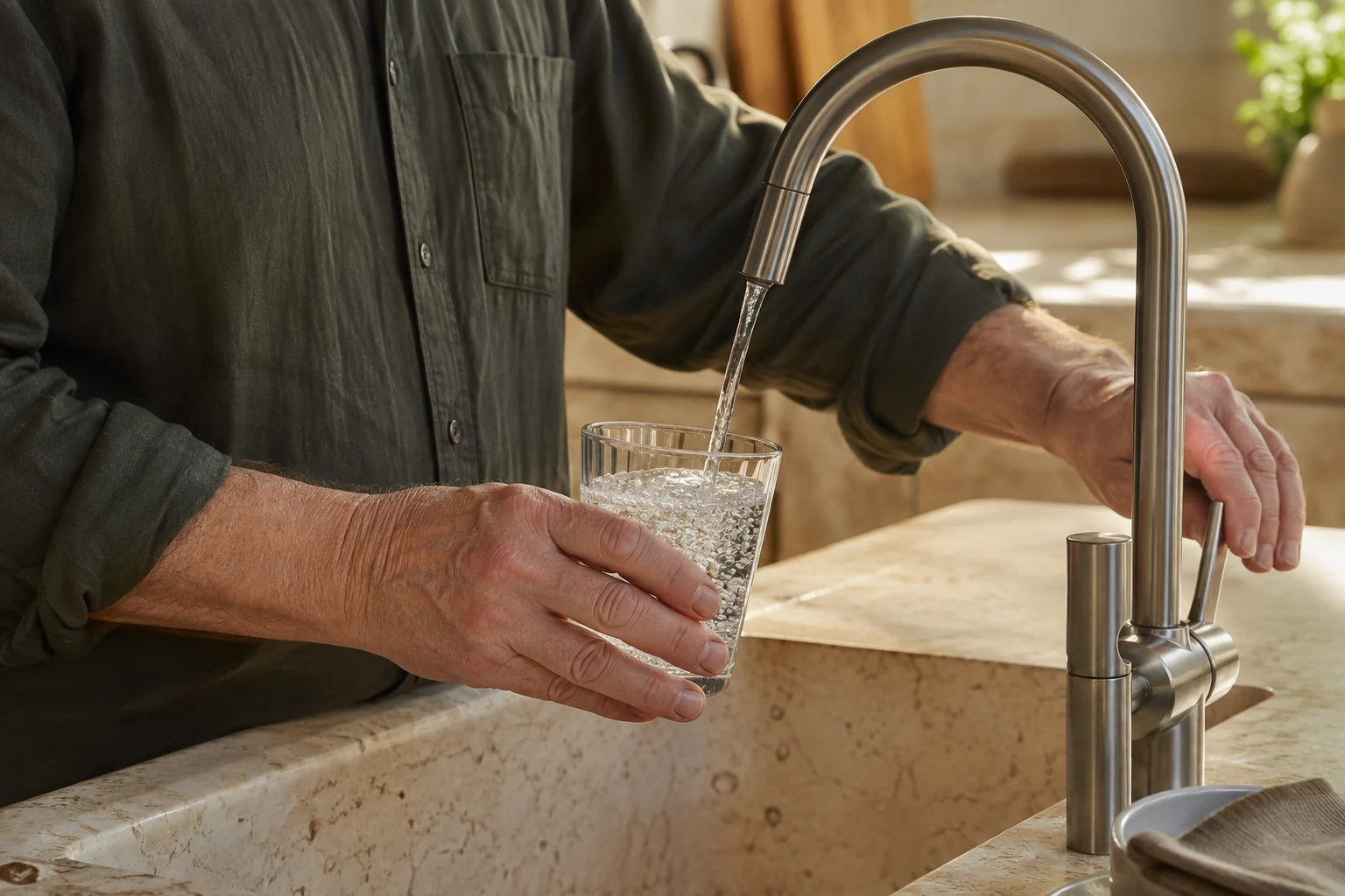 A man in a dark olive shirt fills a drinking glass at a kitchen faucet