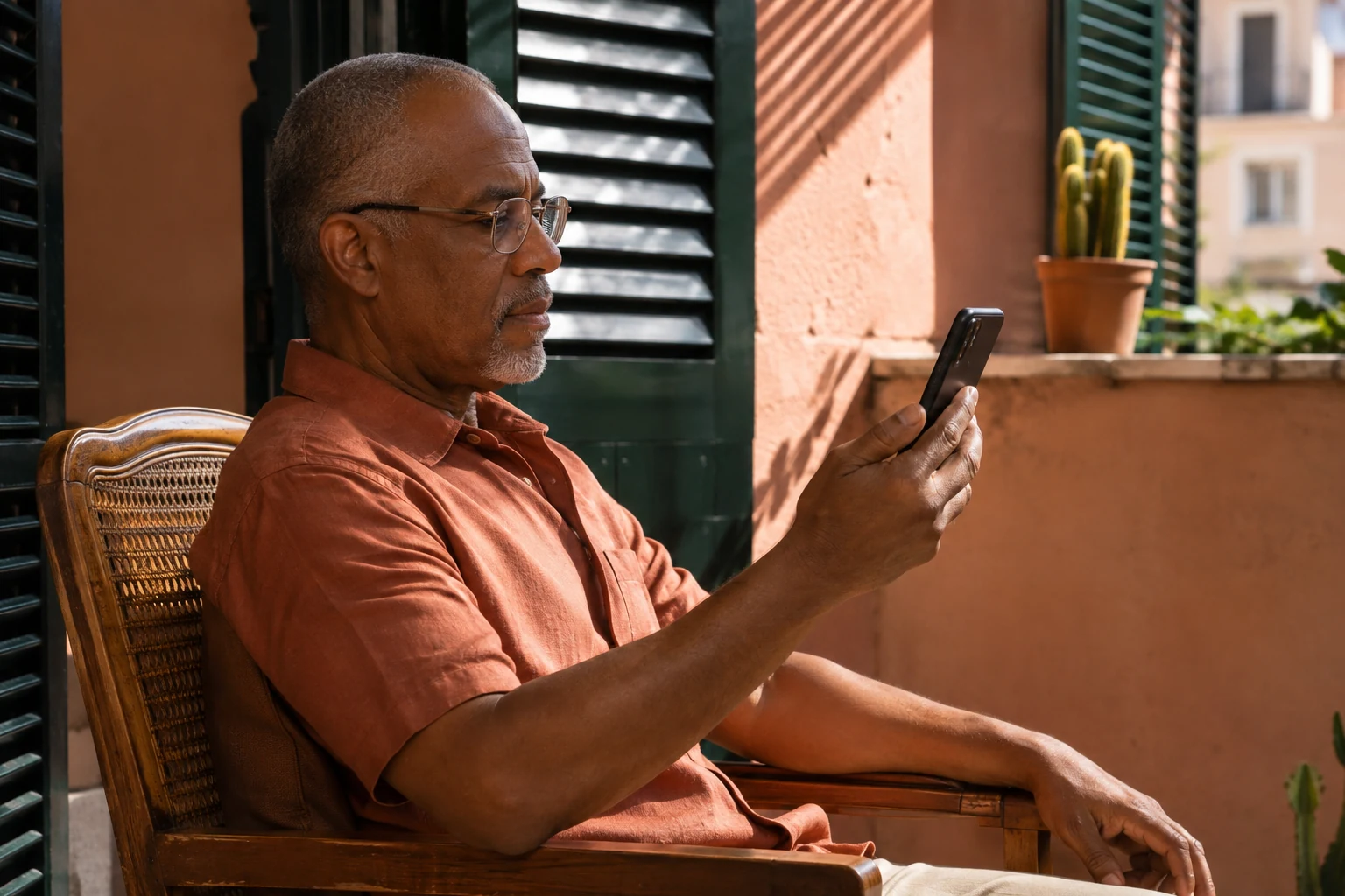 A man wearing reading glasses considers information on his phone on a sunlit terrace.