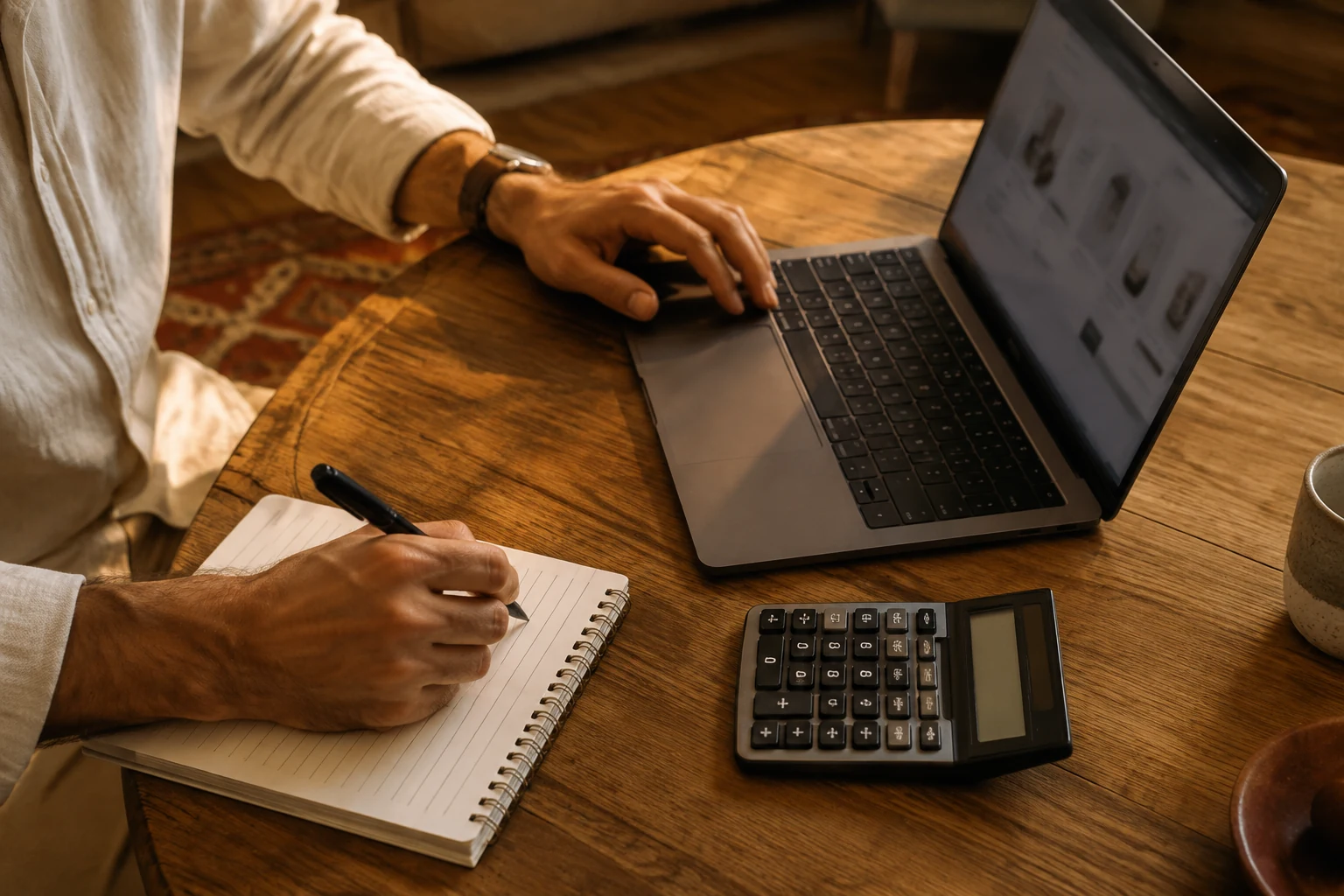 Hands comparing an online purchase with a notebook and calculator