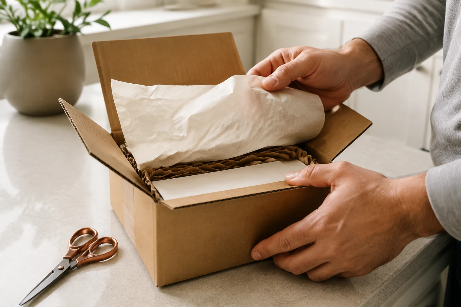 Hands opening a plain delivery carton with protective paper