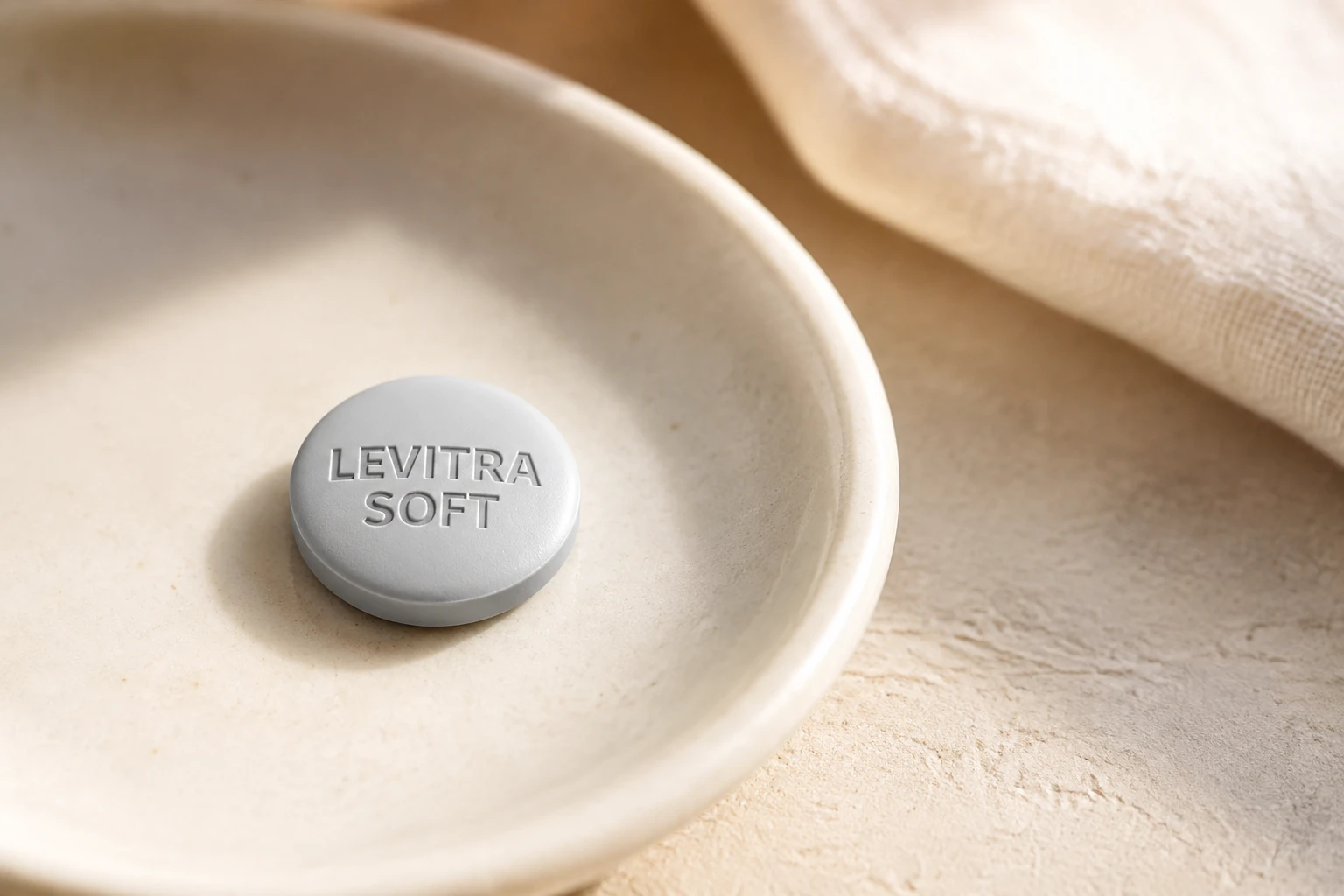 Round Levitra Soft tablet on an ivory dish