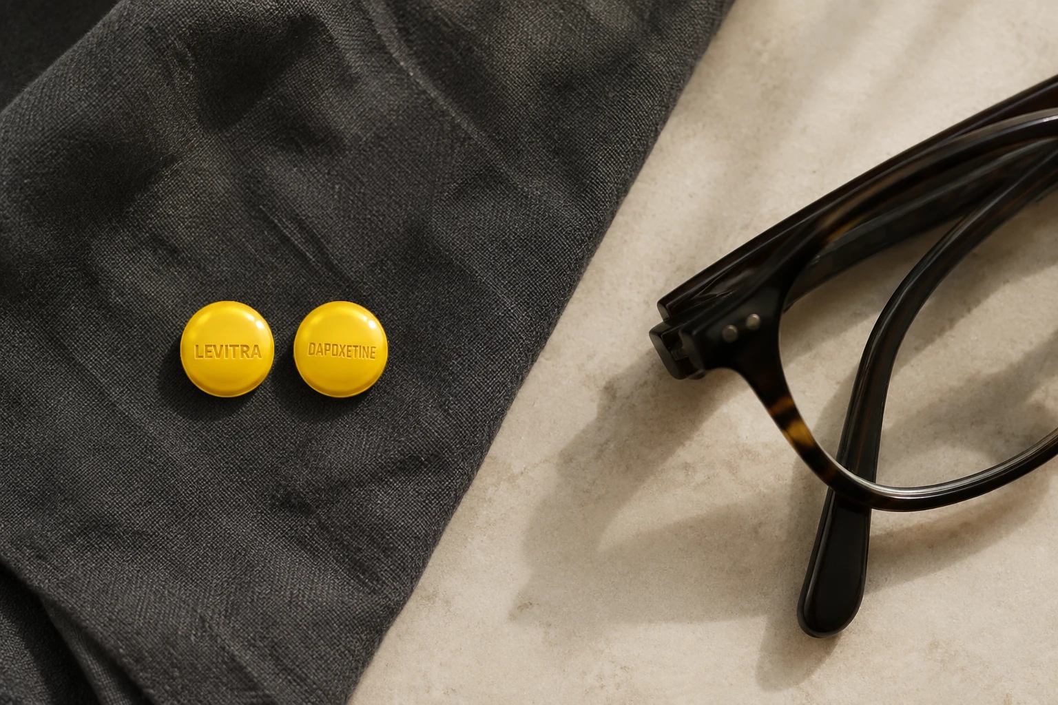 Reference-based gold Levitra and dapoxetine illustration beside reading glasses