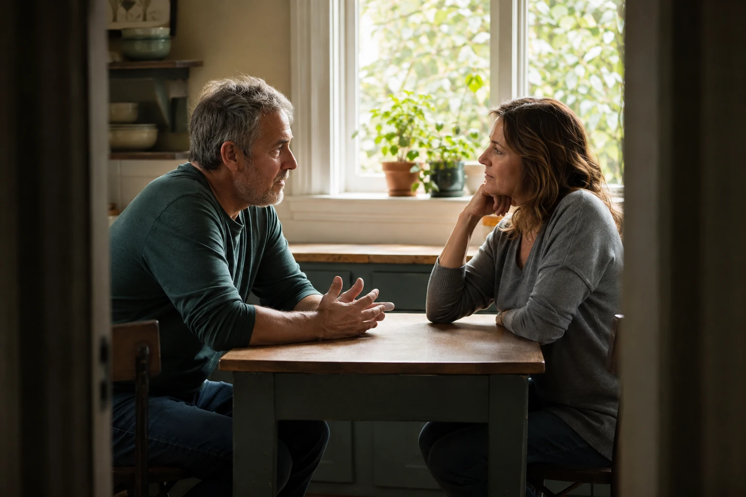Mature couple talking together at a kitchen table