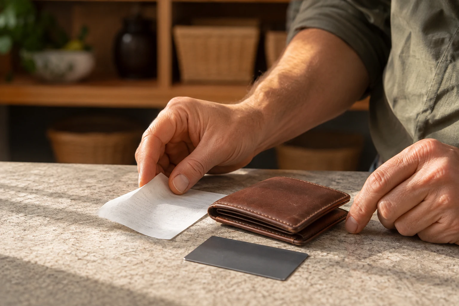 Hands checking a receipt beside a wallet and a face-down bank card