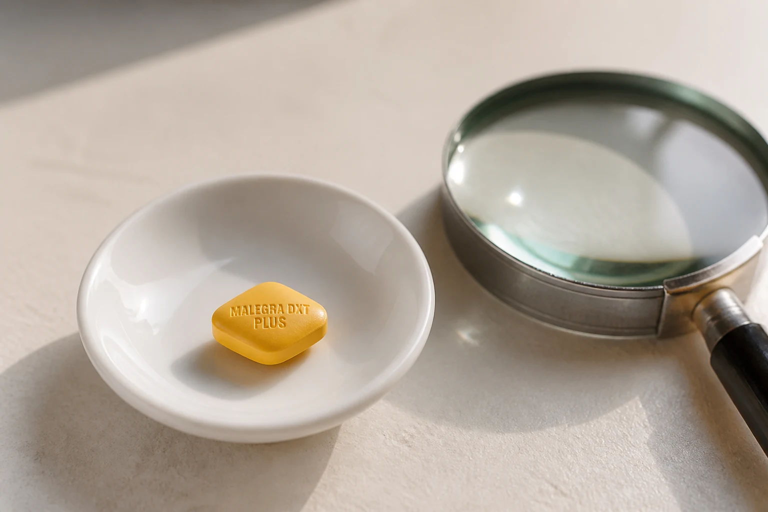 Malegra DXT Plus tablet in a dish beside a magnifying glass