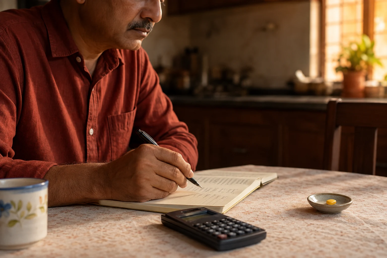Man comparing a medicine purchase budget with a notebook and calculator