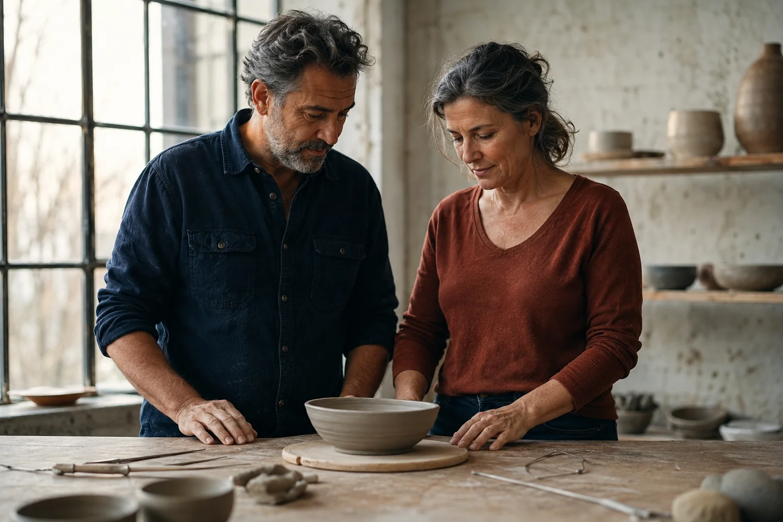 A mature couple working together on a clay bowl in a sunlit pottery studio