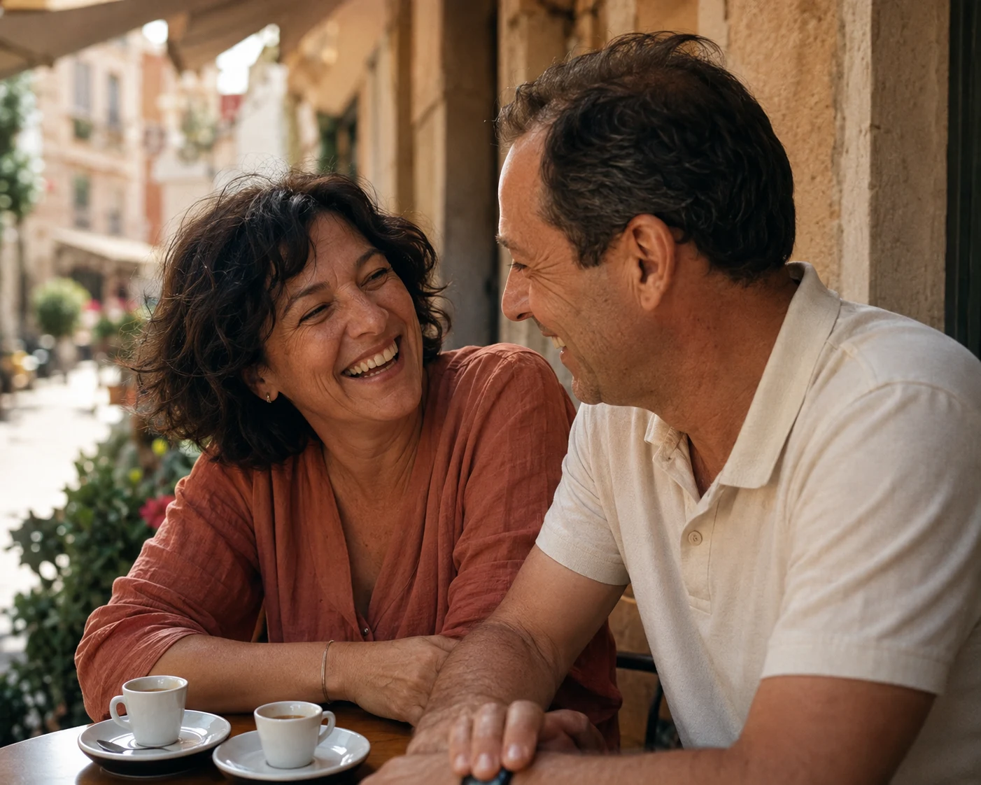 Couple laughing together over coffee at an outdoor cafe
