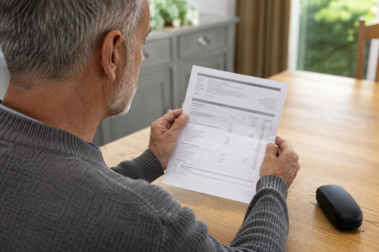 A mature man studying a pharmacy expense document at a table