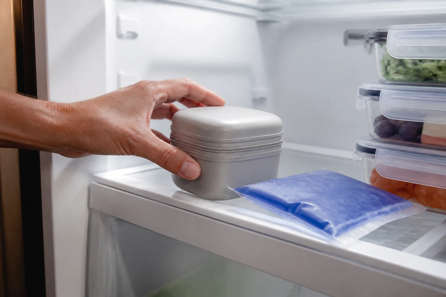An adult placing a closed medicine carrier beside a cool pack on a refrigerator shelf