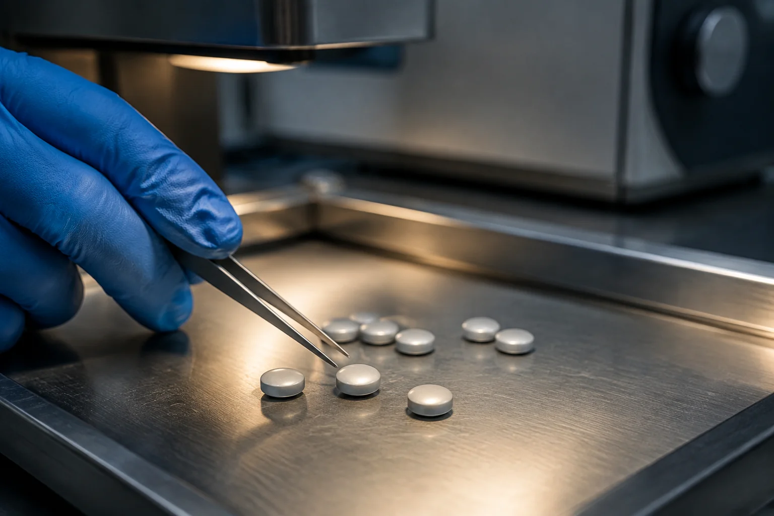 Gloved fingers using tweezers beside unmarked tablets on a stainless-steel inspection tray