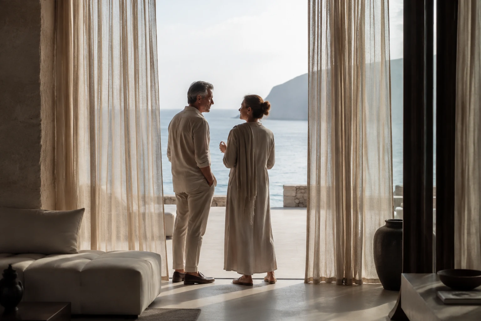 Couple talking beside linen curtains overlooking the sea