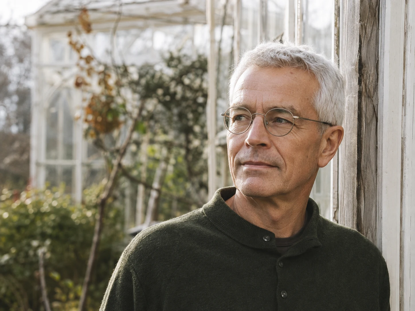 Silver-haired man wearing glasses beside a sunlit winter garden