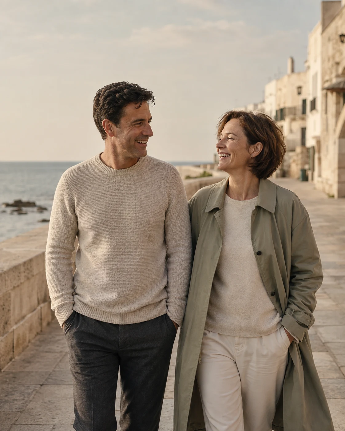 Couple enjoying a walk together along a sunlit coastal promenade