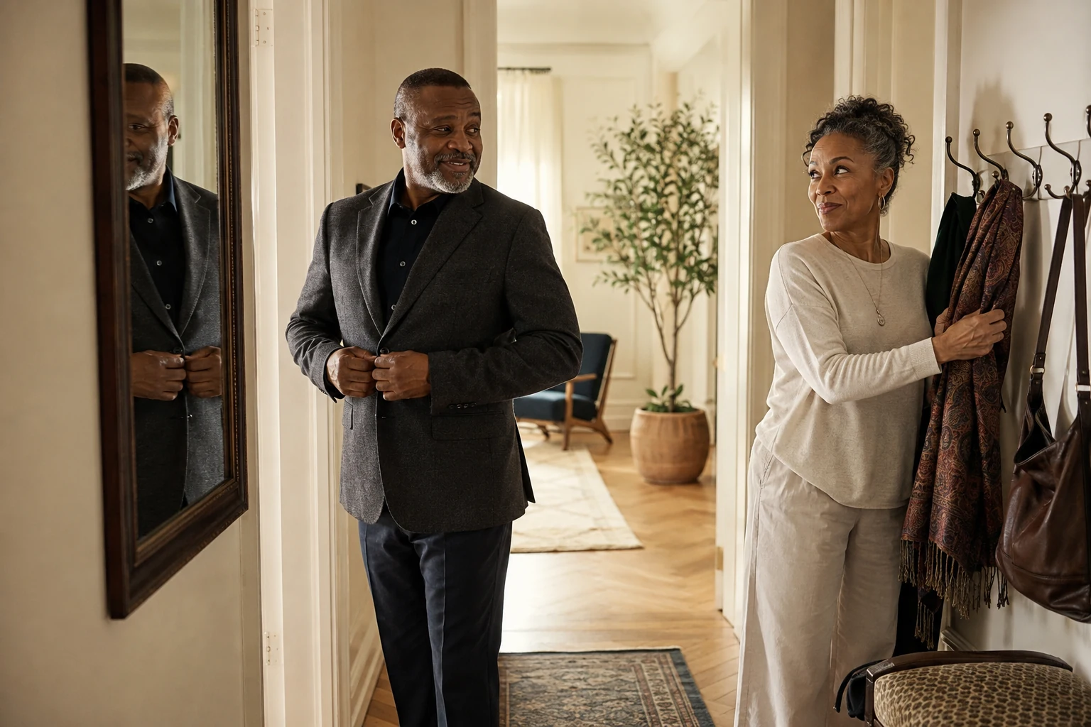 Mature couple getting ready to go out, choosing a jacket and scarf at home