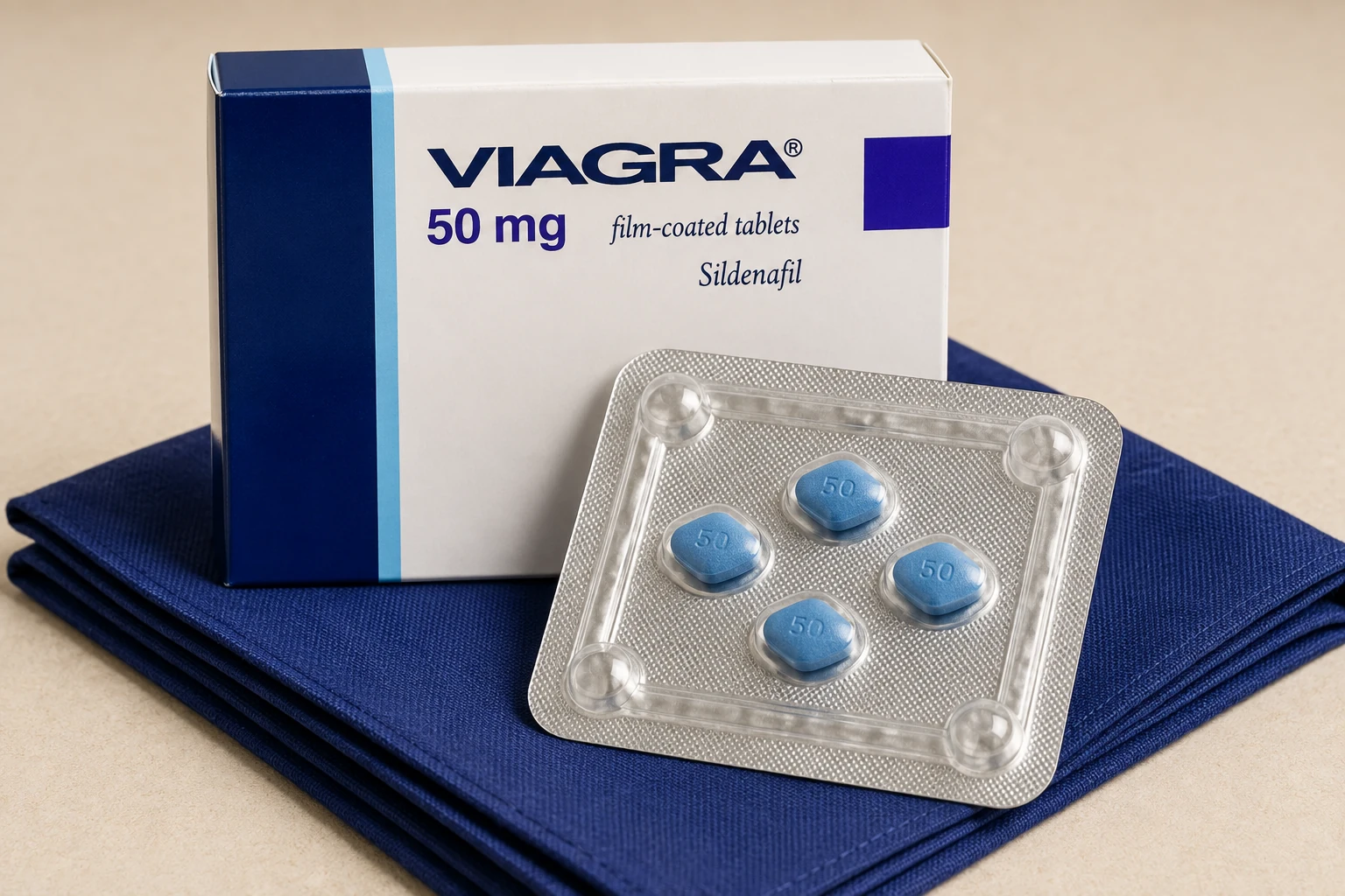 Sildenafil 50 mg carton with four blue tablets in a silver blister on navy fabric