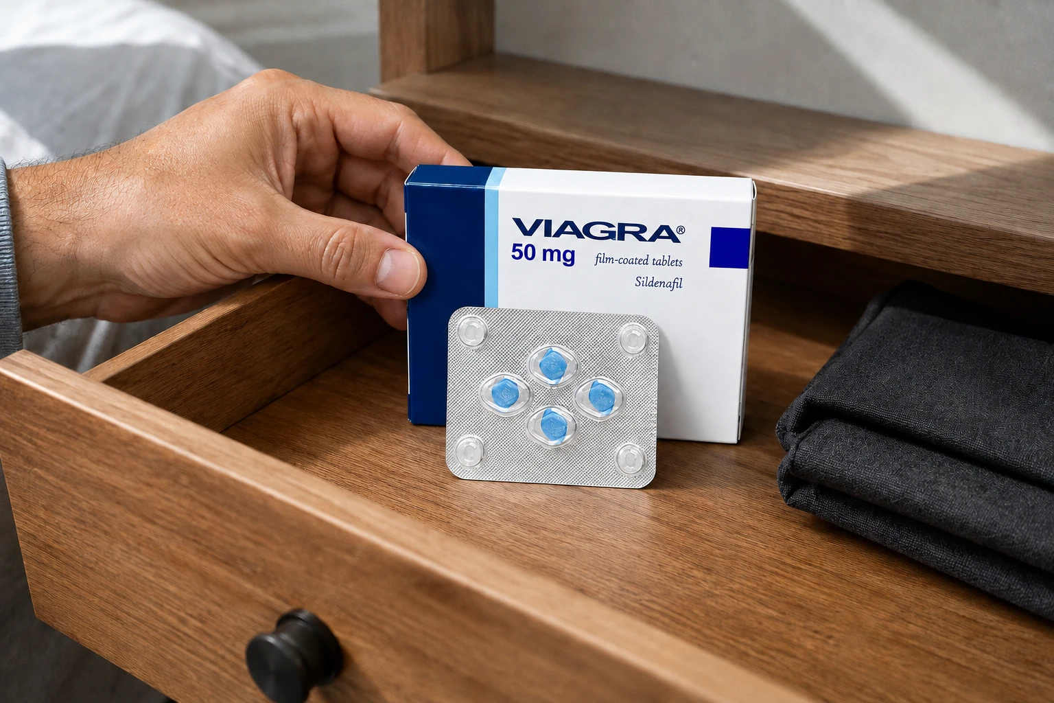 Hand placing a sildenafil 50 mg carton beside its four-tablet blister in an oak drawer