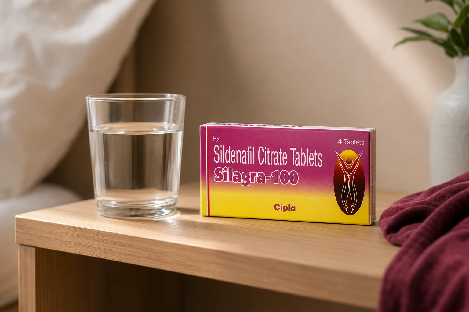 Silagra-100 carton beside a glass of water