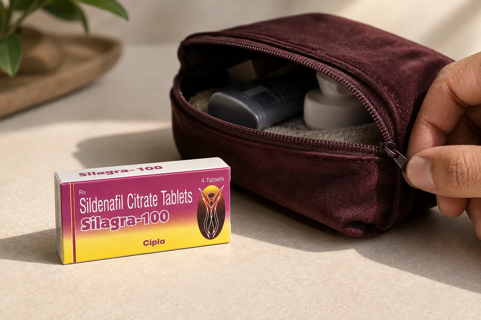 Silagra-100 carton beside a burgundy pouch on a cream desk