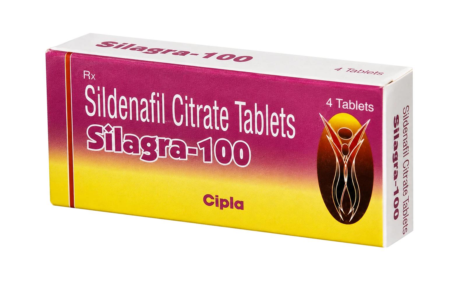 Silagra-100 sildenafil carton with burgundy and yellow branding