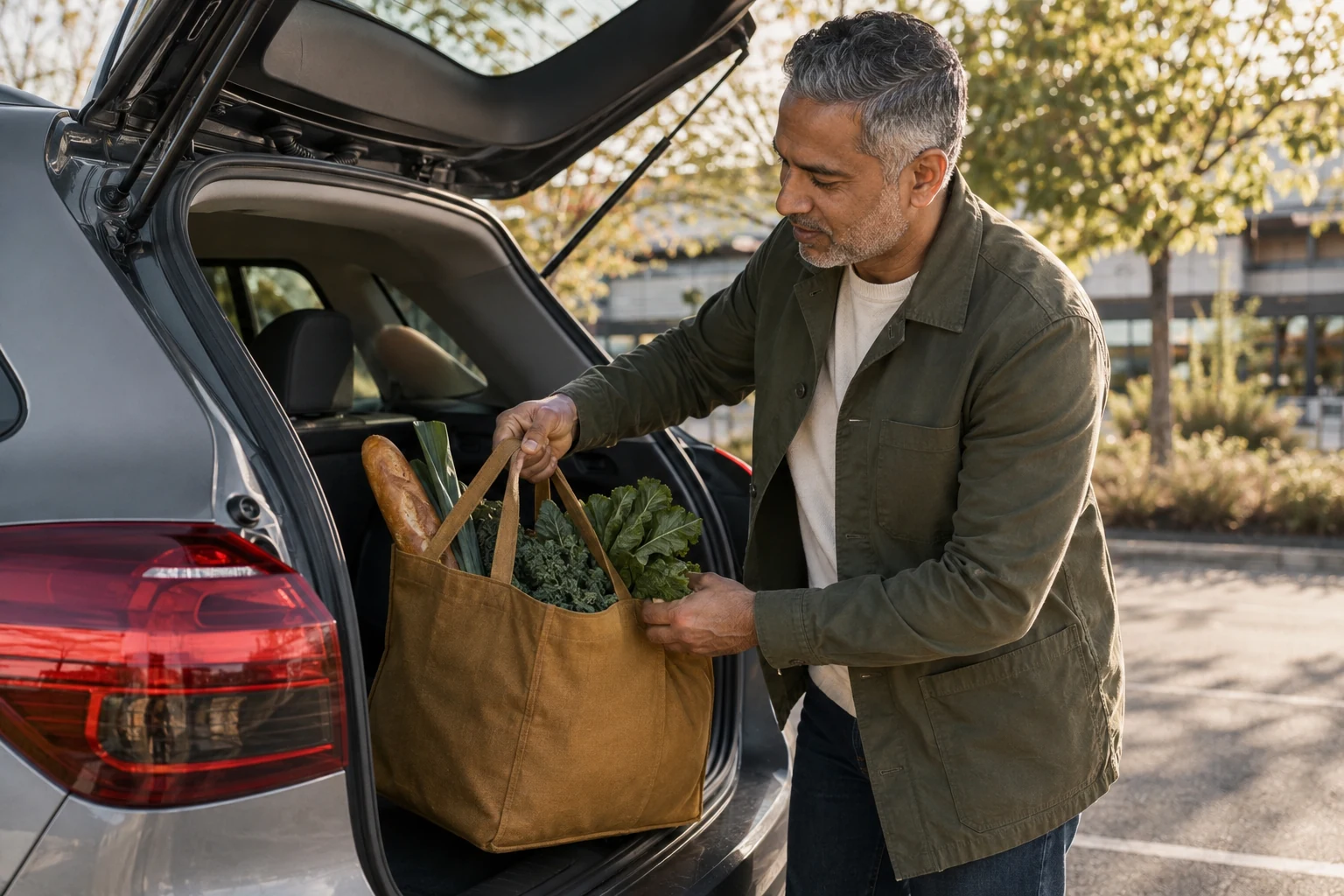 Adult man putting a reusable grocery tote into his car after an everyday shopping trip