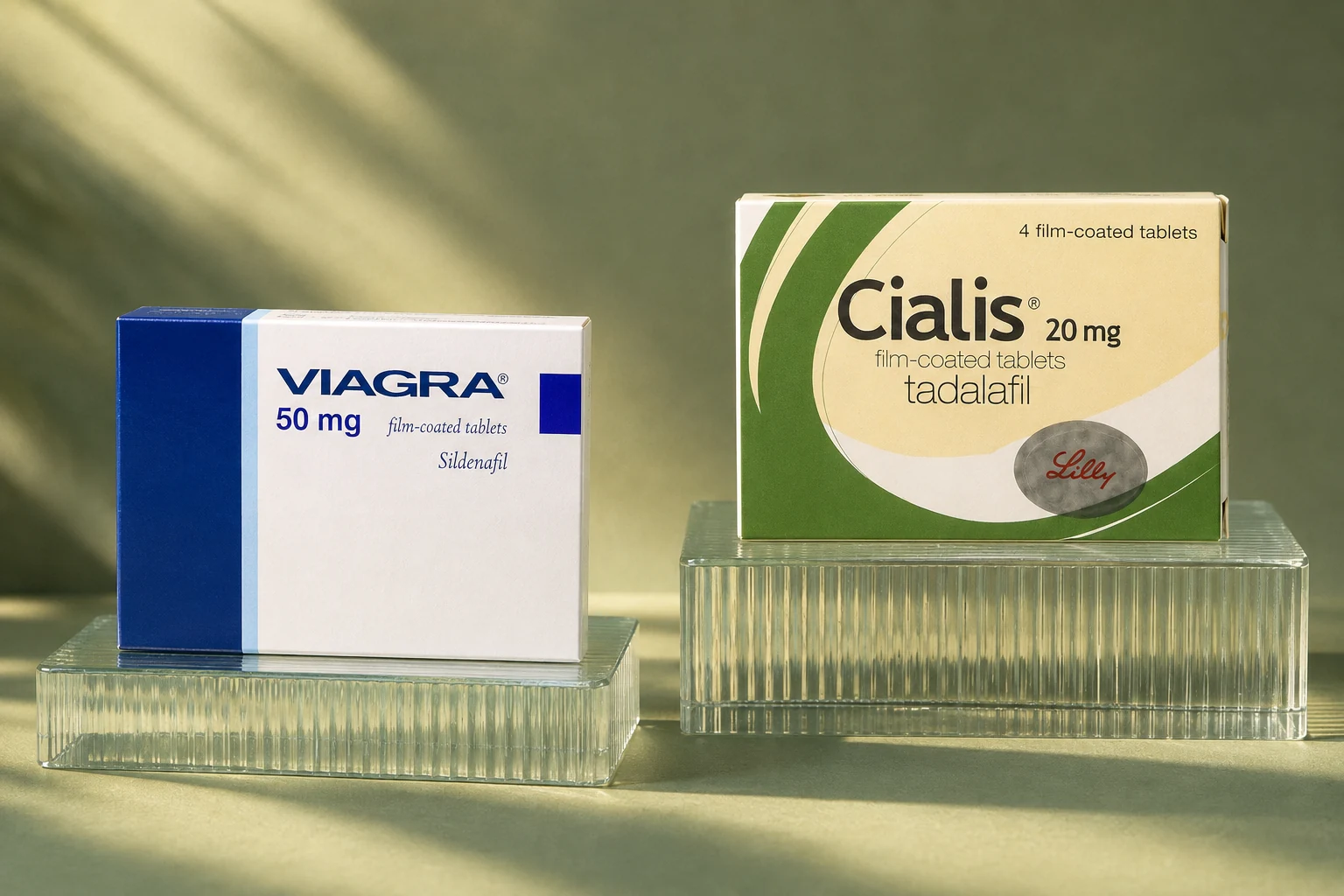 Viagra and Cialis cartons on separate ribbed glass platforms, with sildenafil and tadalafil visible on the labels