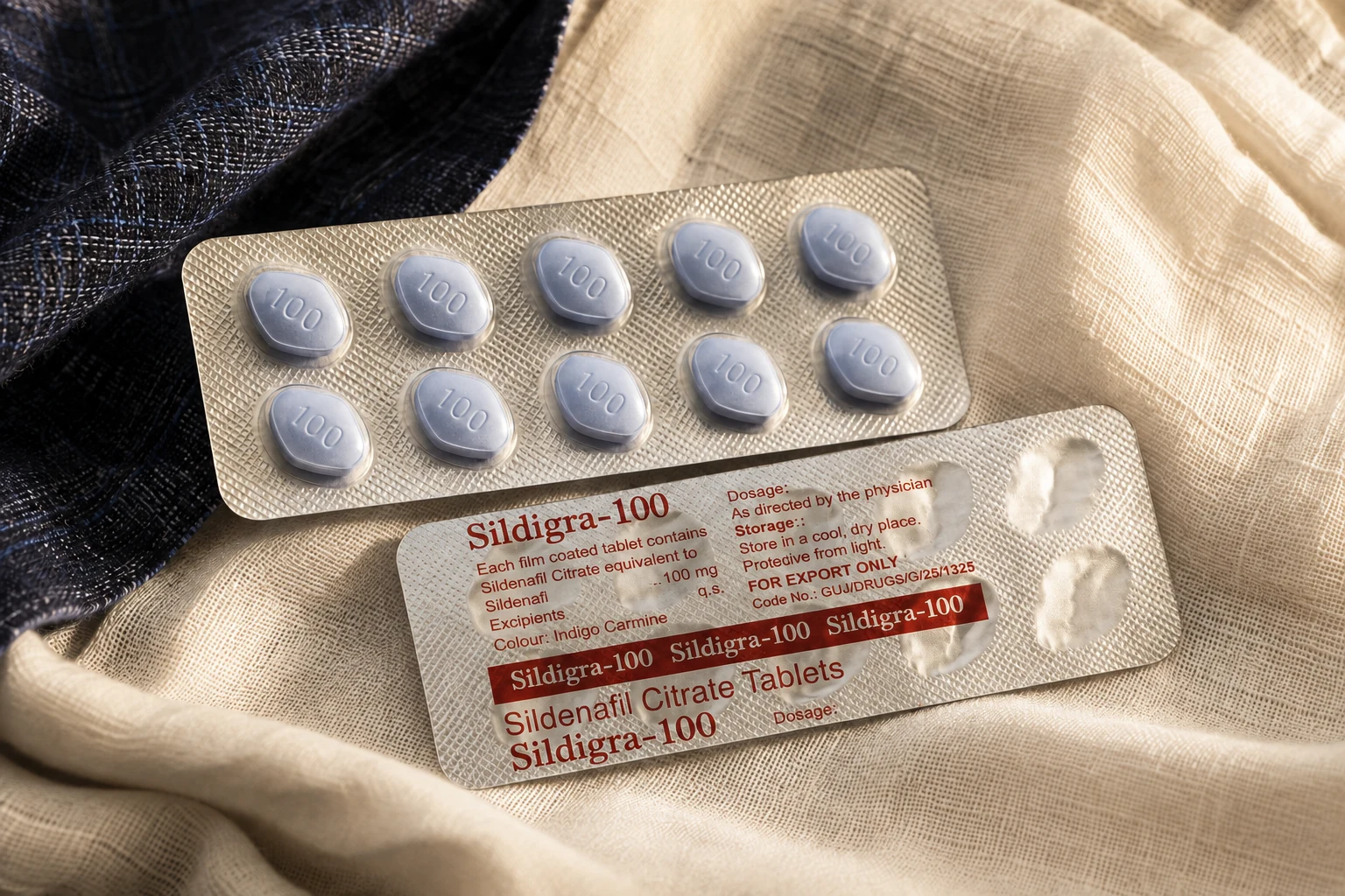 Sildigra-100 silver blister strips with red foil printing and blue tablets