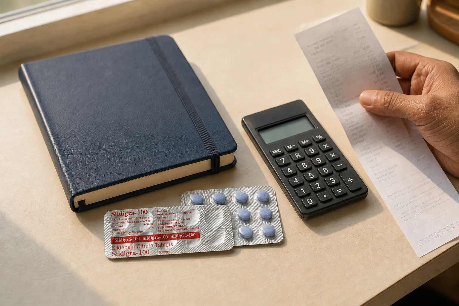 Sildigra-100 blister strips beside a notebook, calculator and purchase receipt
