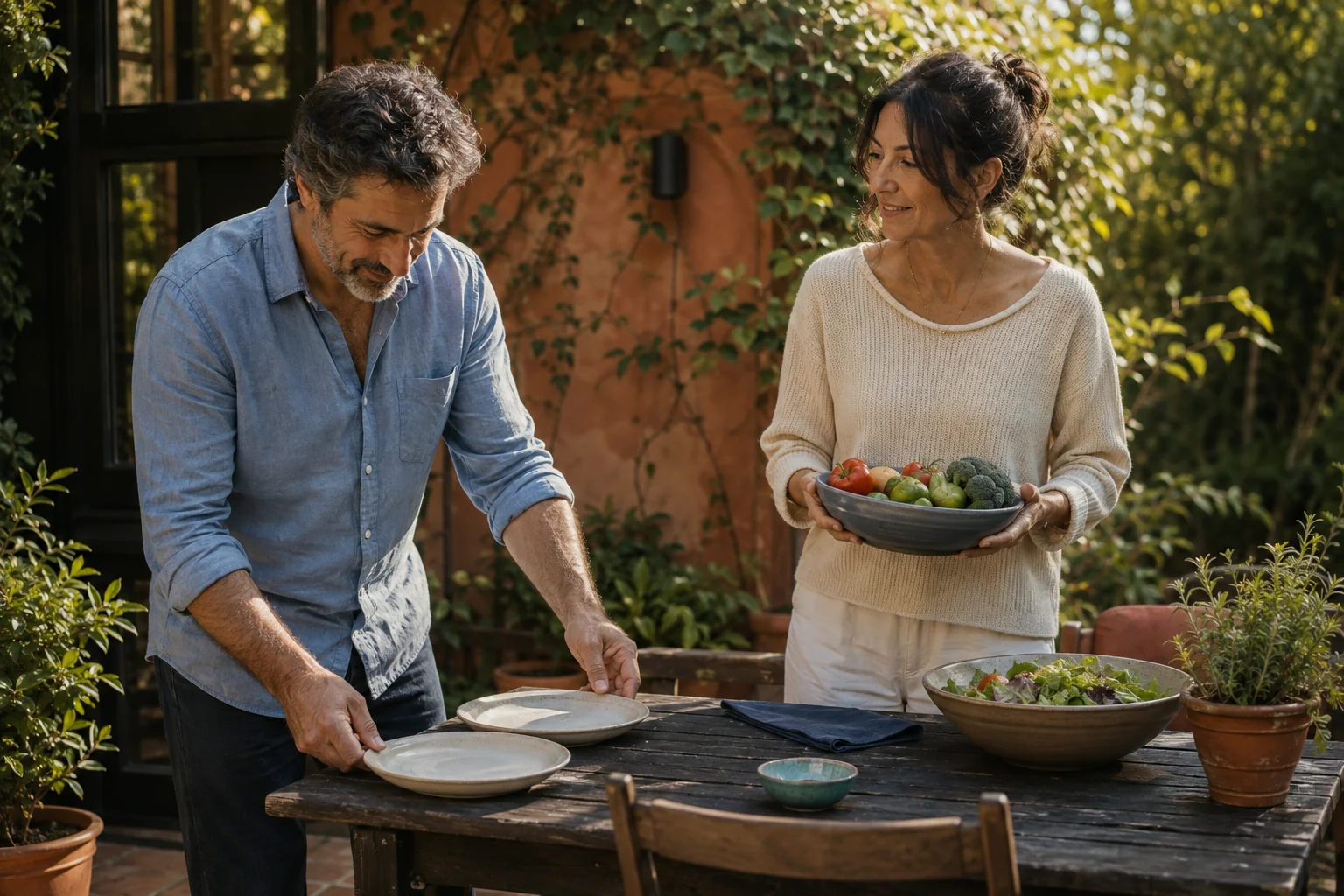 Mature couple setting a simple evening meal on a garden terrace