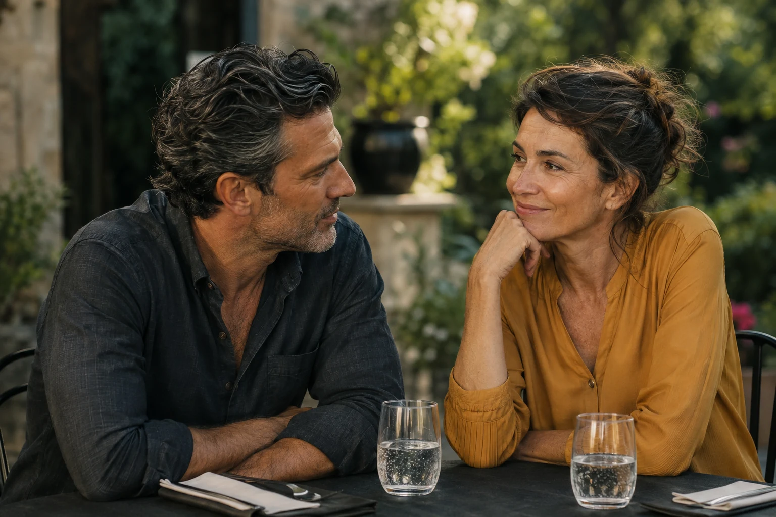 Adult couple talking over sparkling water at an outdoor table