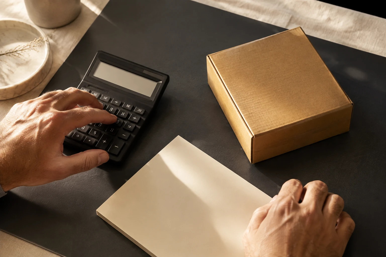 Hands comparing an order budget with a calculator and parcel