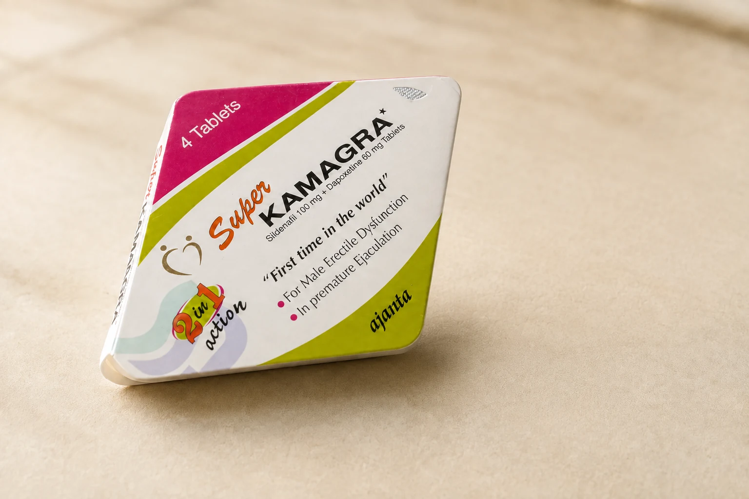 Super Kamagra carton on a cream tabletop