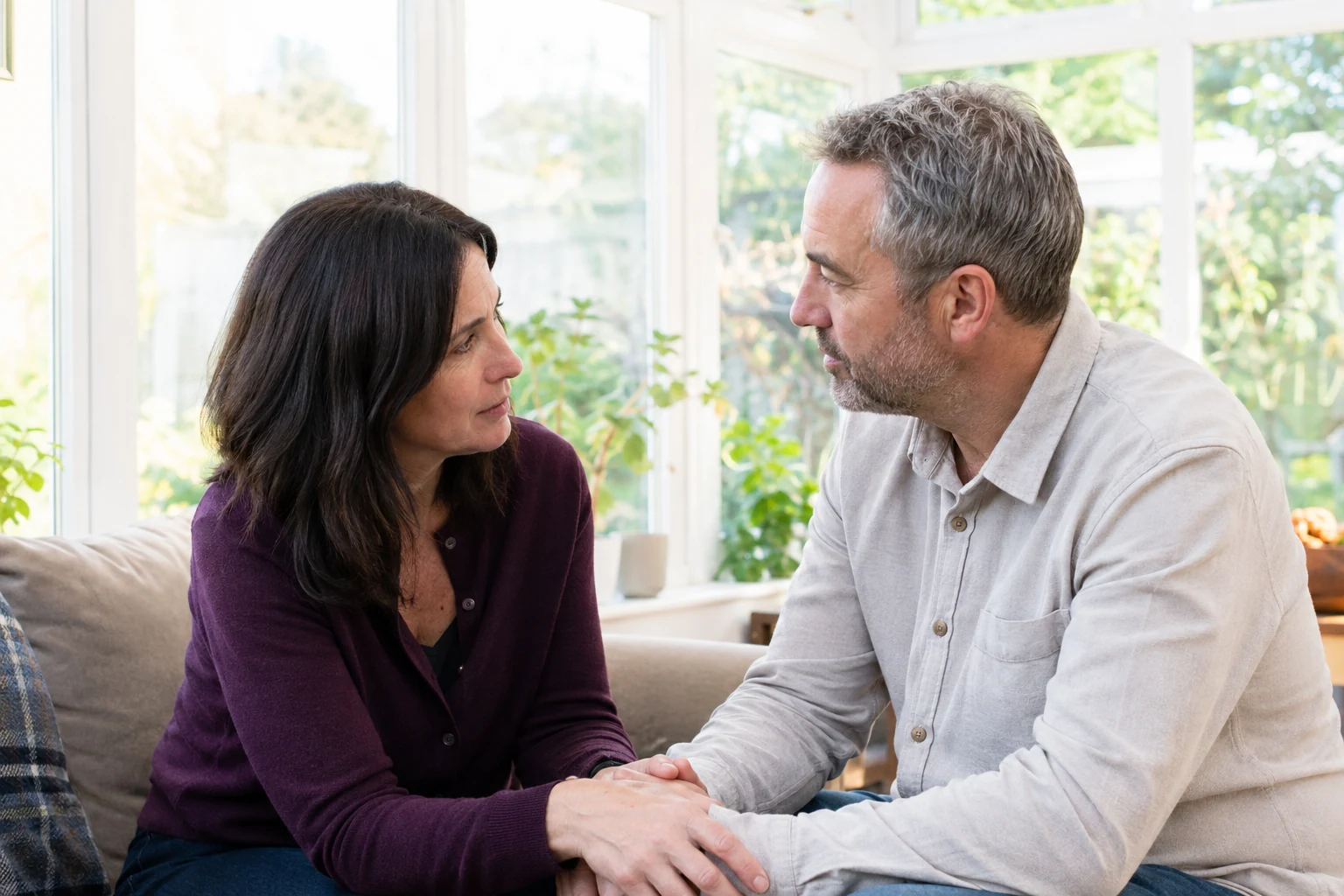 An adult couple having a thoughtful conversation in a sunlit room