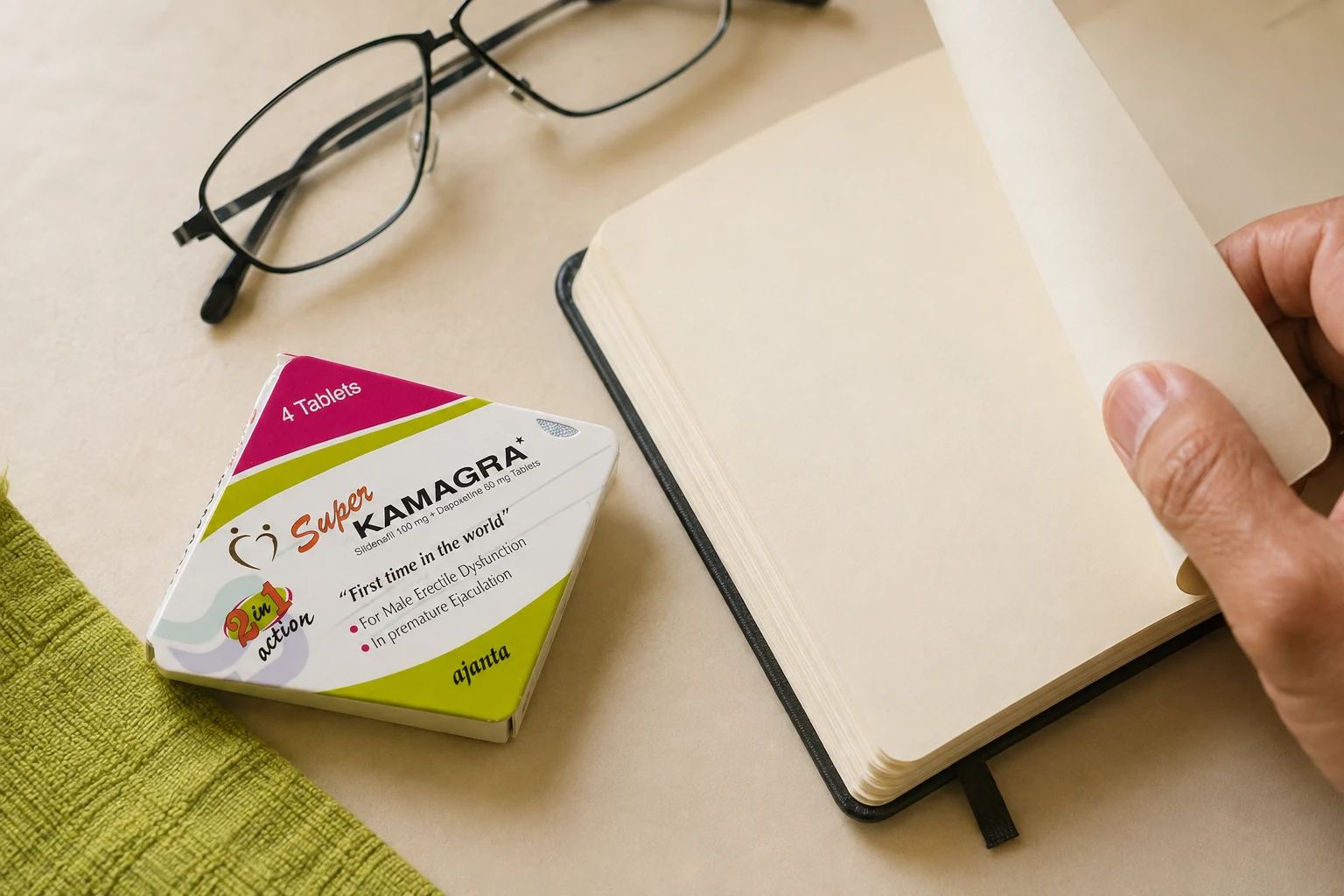 Super Kamagra carton beside an open notebook and reading glasses