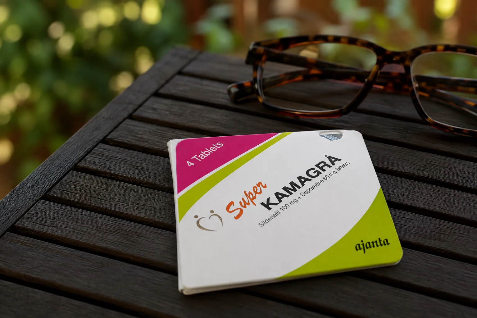 Super Kamagra four-tablet pack beside tortoiseshell reading glasses on a dark slatted table
