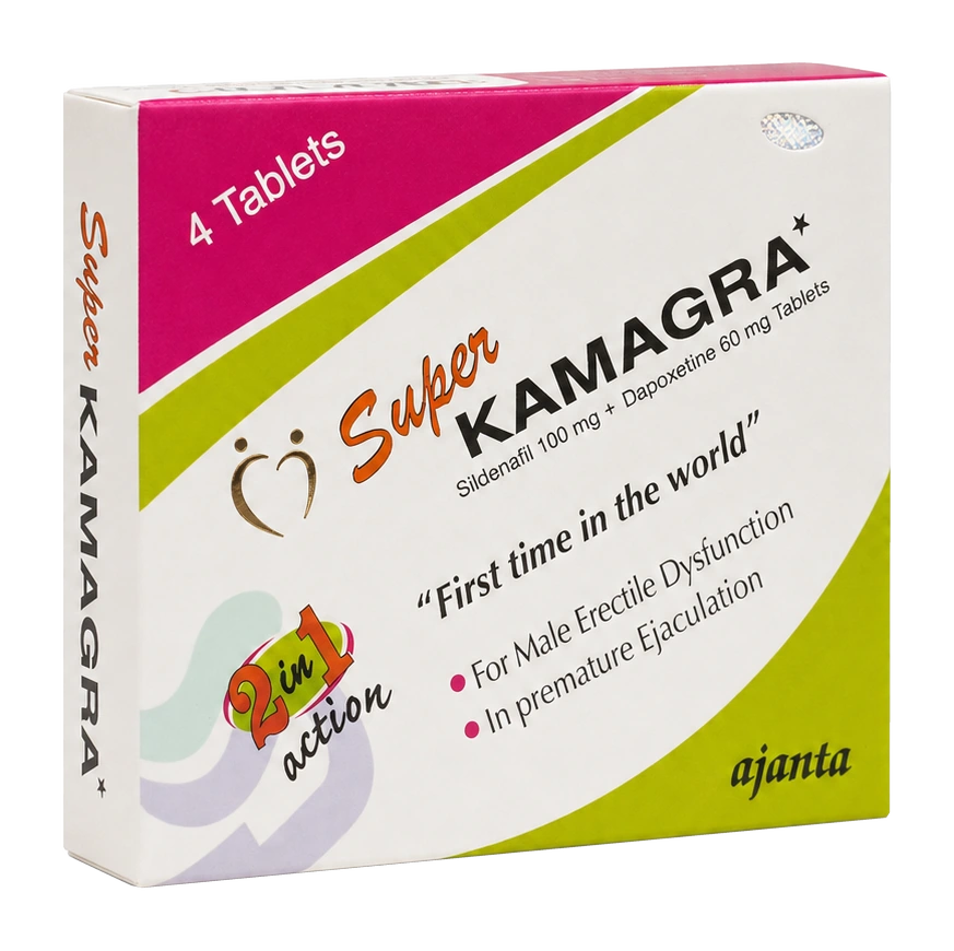 Super Kamagra carton showing sildenafil 100mg and dapoxetine 60mg