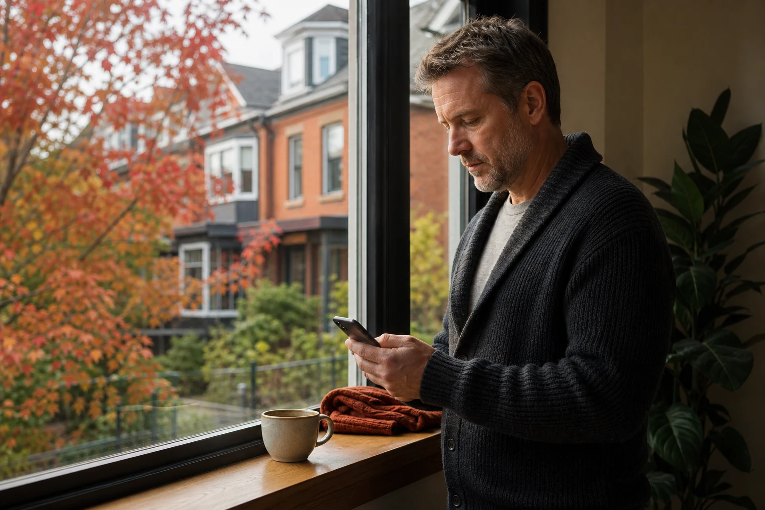 Adult man checking his phone beside a townhouse window with autumn foliage outside