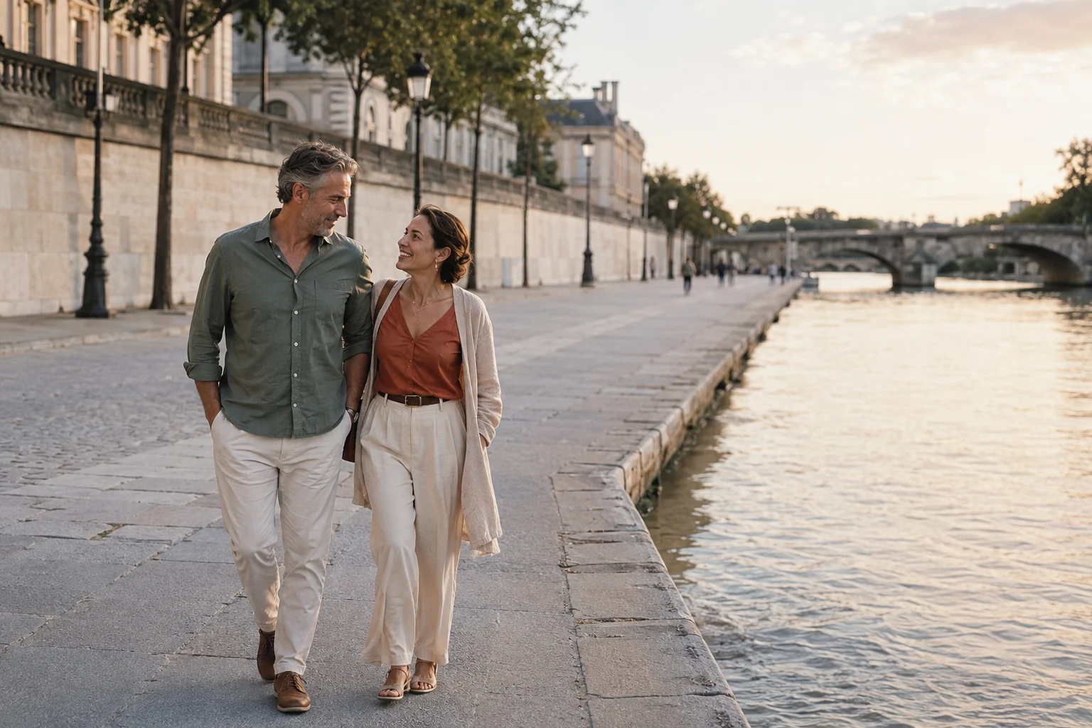 A mature couple enjoying a relaxed walk beside a city river